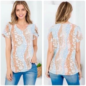 Abstract Floral Moroccan Top Short Flowy Sleeves Size S